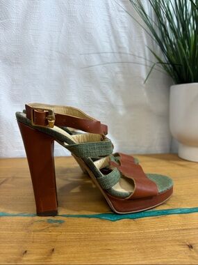 7 For All Mankind chunky heel slingback green and cognac leather shoes